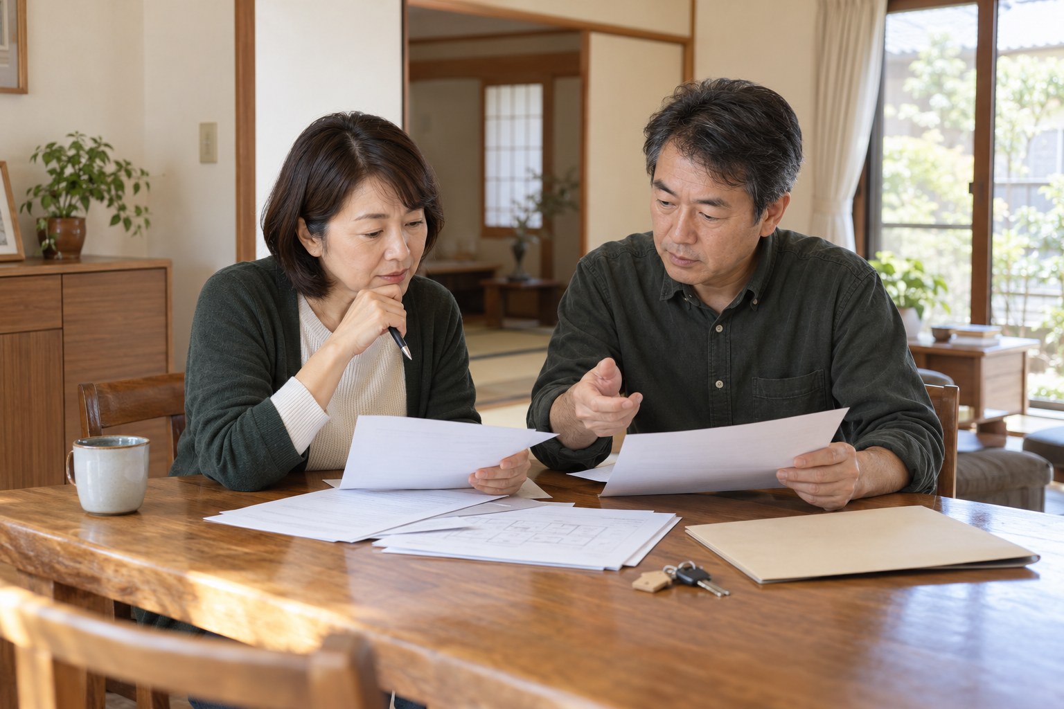 成人した家族が実家の書類と鍵を確かめる様子（説明用の生成画像）
