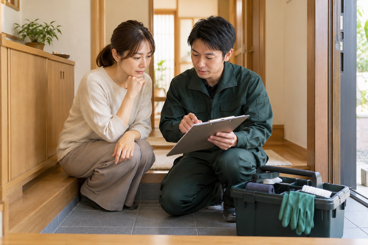 清掃スタッフと家族が玄関で作業範囲を確認する様子。そばに清掃道具と手袋（説明用の生成画像）